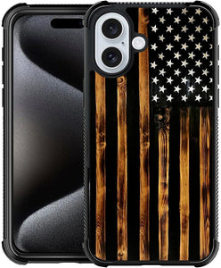 iPhone 16 Wood Grain Old Flag Dual Layer Shockproof Rugged Cover - Redpepper Cases