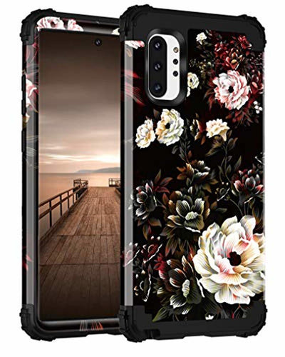 Lontect for Galaxy Note 10 Plus Case Floral 3 in 1 Heavy Duty Hybrid Sturdy Armor High Impact Shockproof Protective Cover Case for Samsung Galaxy Note 10 Plus/Note 10 Plus 5G, Black/White Flower - Redpepper Cases