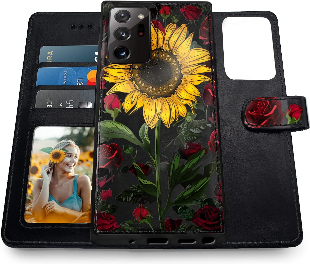 Galaxy Note 20 Ultra 5G Wallet Case Card Slots Girls - Rose Flower/Sunflower - Redpepper Cases