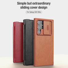 Load image into Gallery viewer, Galaxy S22 Ultra Leather Flip Cover Slide Camera Lens Protection Case