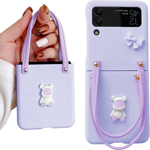 Samsung Z Flip 4 Case with Leather Strap Cute Bear Bow-Knot Galaxy-Pink - Redpepper Cases