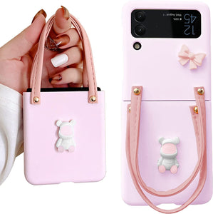 Samsung Z Flip 4 Case with Leather Strap Cute Bear Bow-Knot Galaxy-Pink - Redpepper Cases